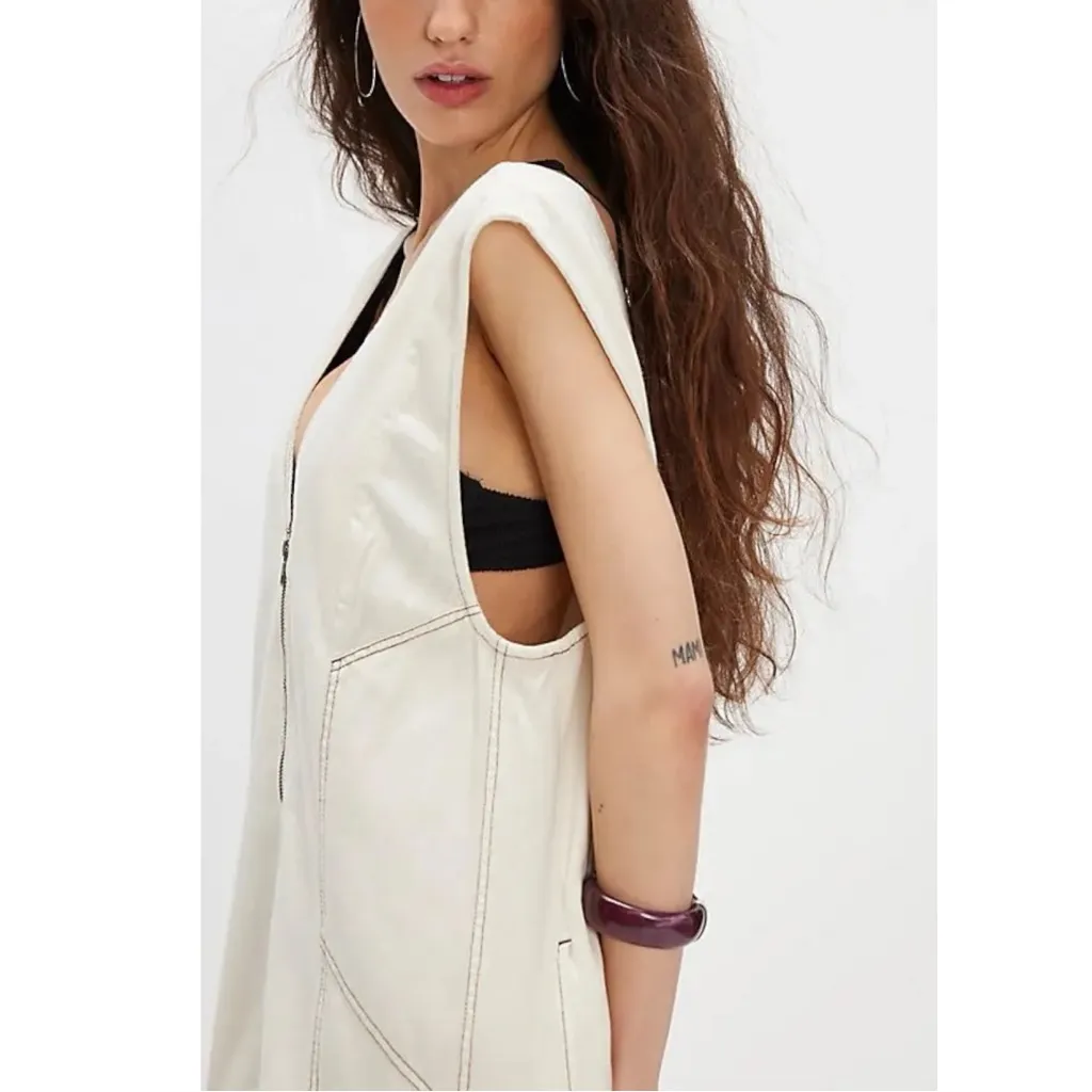 Free People Santino Denim Zip Front Midi Dress in Ecru Size Large Minimalist - Image 4