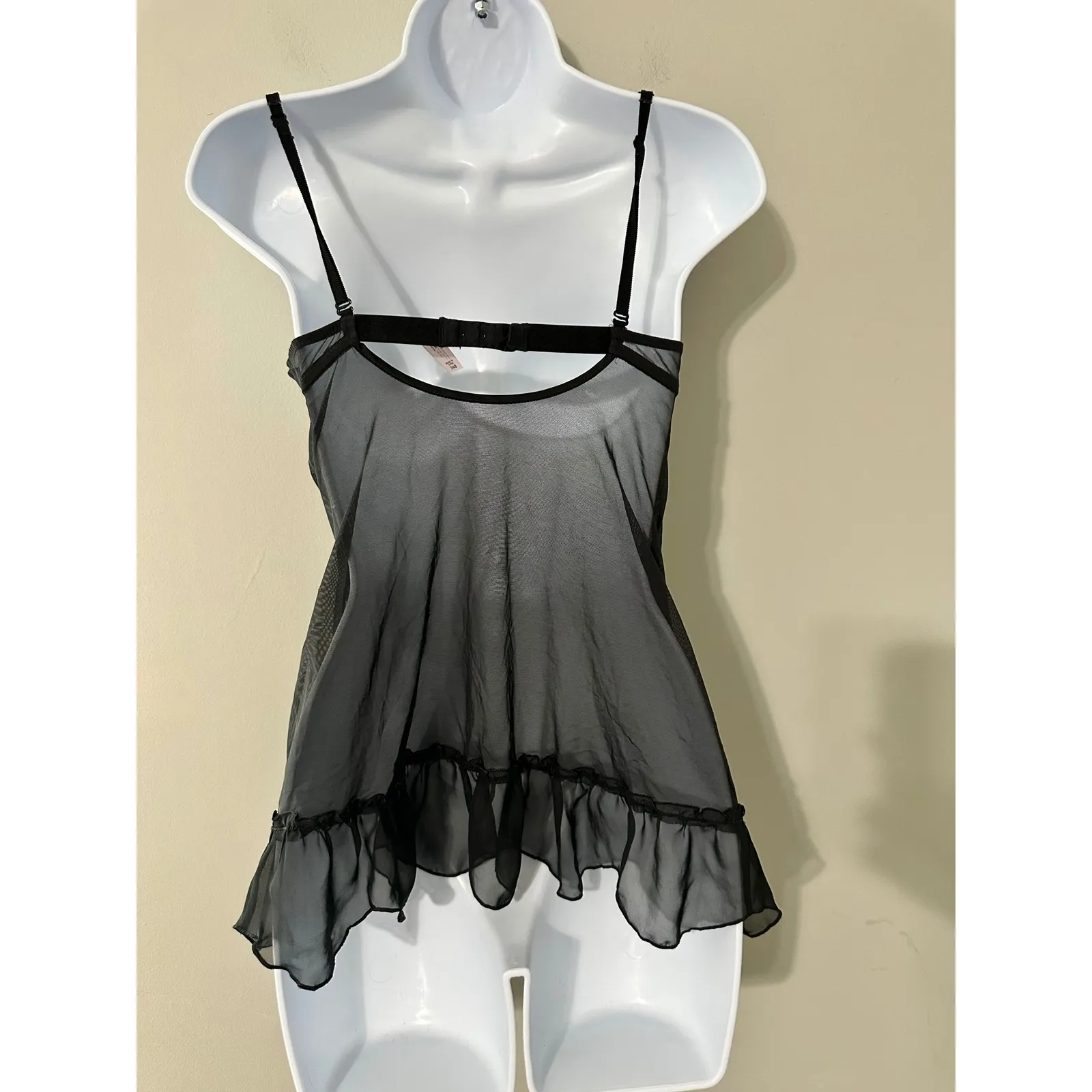 Victoria Secret Black Sheer Mesh Babydoll Chemise Ruffle Trim 34B Underwire - Image 5