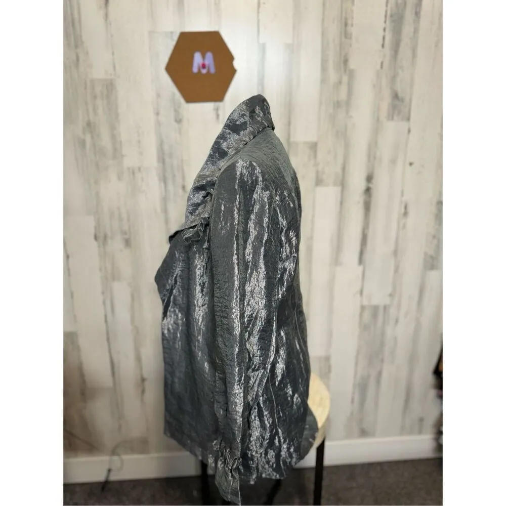 Silver Metallic Open Front Drape Jacket Women’s Medium Statement Layered Coat - Image 2