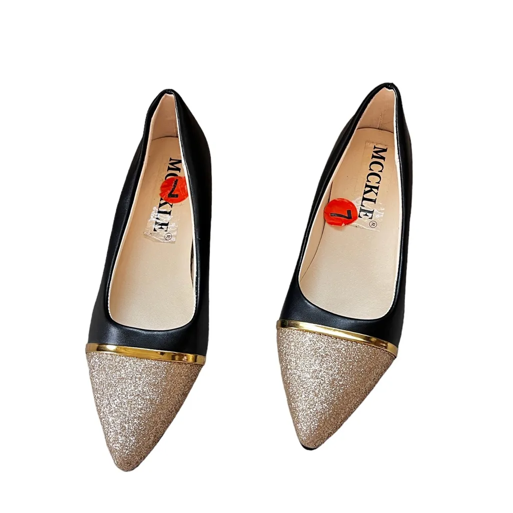 NEW MCCKLE POINTED TOE BLACK GOLD GLITTER SLIP ON FLAT Size 7 - Image 4