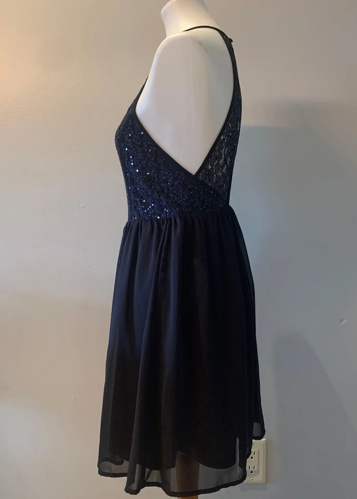Lulus Lace & Sequin Navy Skater Dress - Image 3