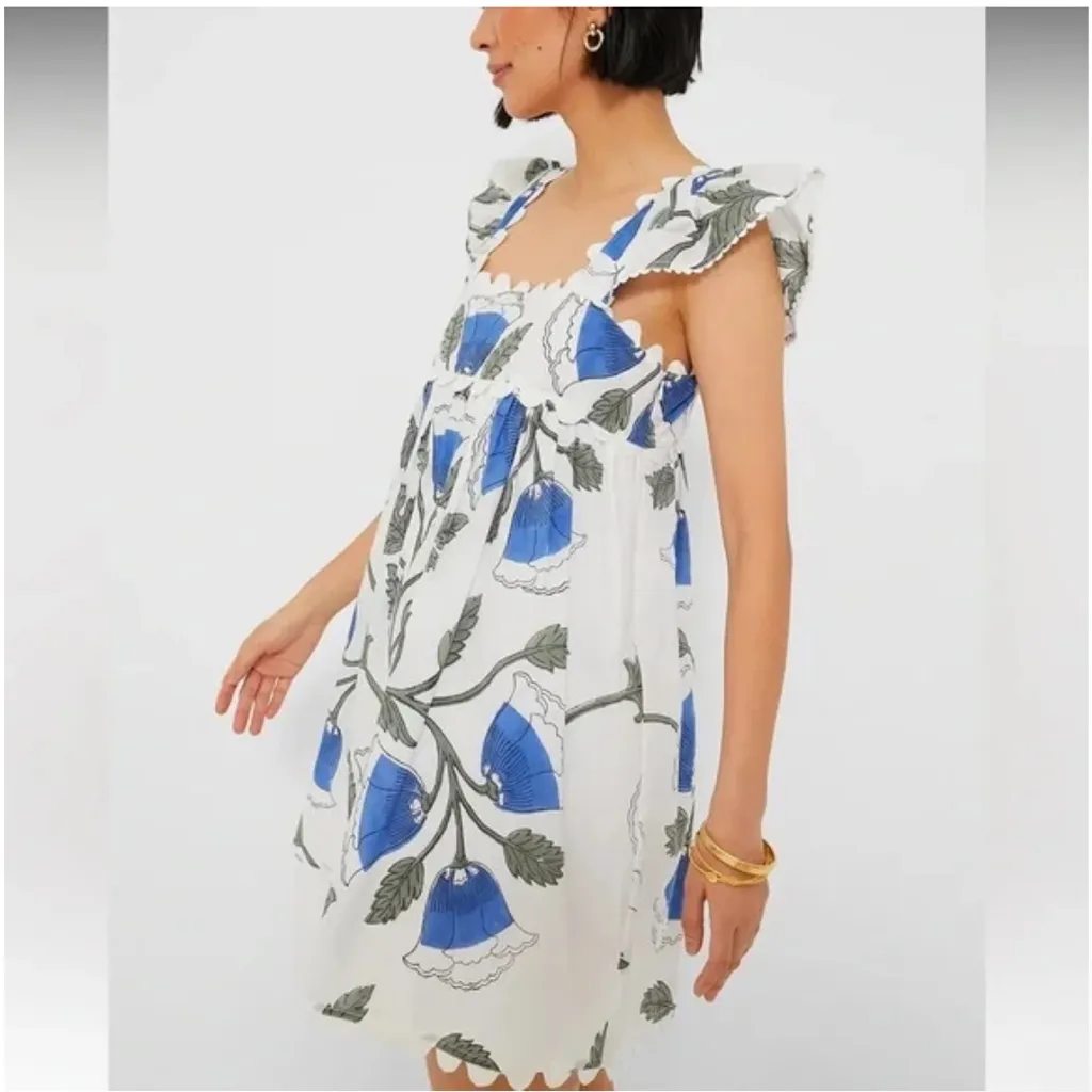JULIET DUNN White Klein‎ Blue Baby Doll Dress with Bellflower Block Print Size L Size L - Image 3