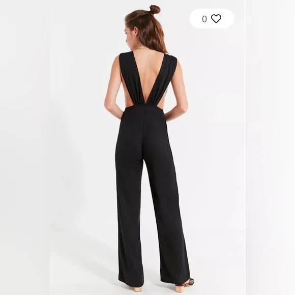 UO URBAN OUTFITTERS Plunging Ribbed Knit Jumpsuit SIZE MEDIUM ribbed wide leg‎ - Image 3