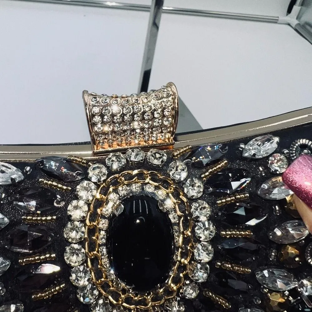 Jeweled, Rhinestone and Beaded Clip Lock Satin Evening Bag with Two Chain Length Black - Image 4