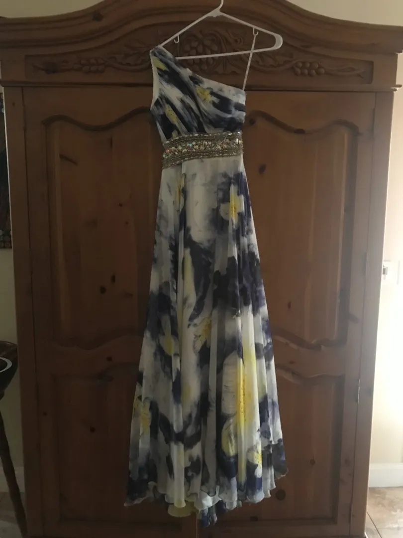 Purple/yellow Watercolor Formal Dress - Image 3