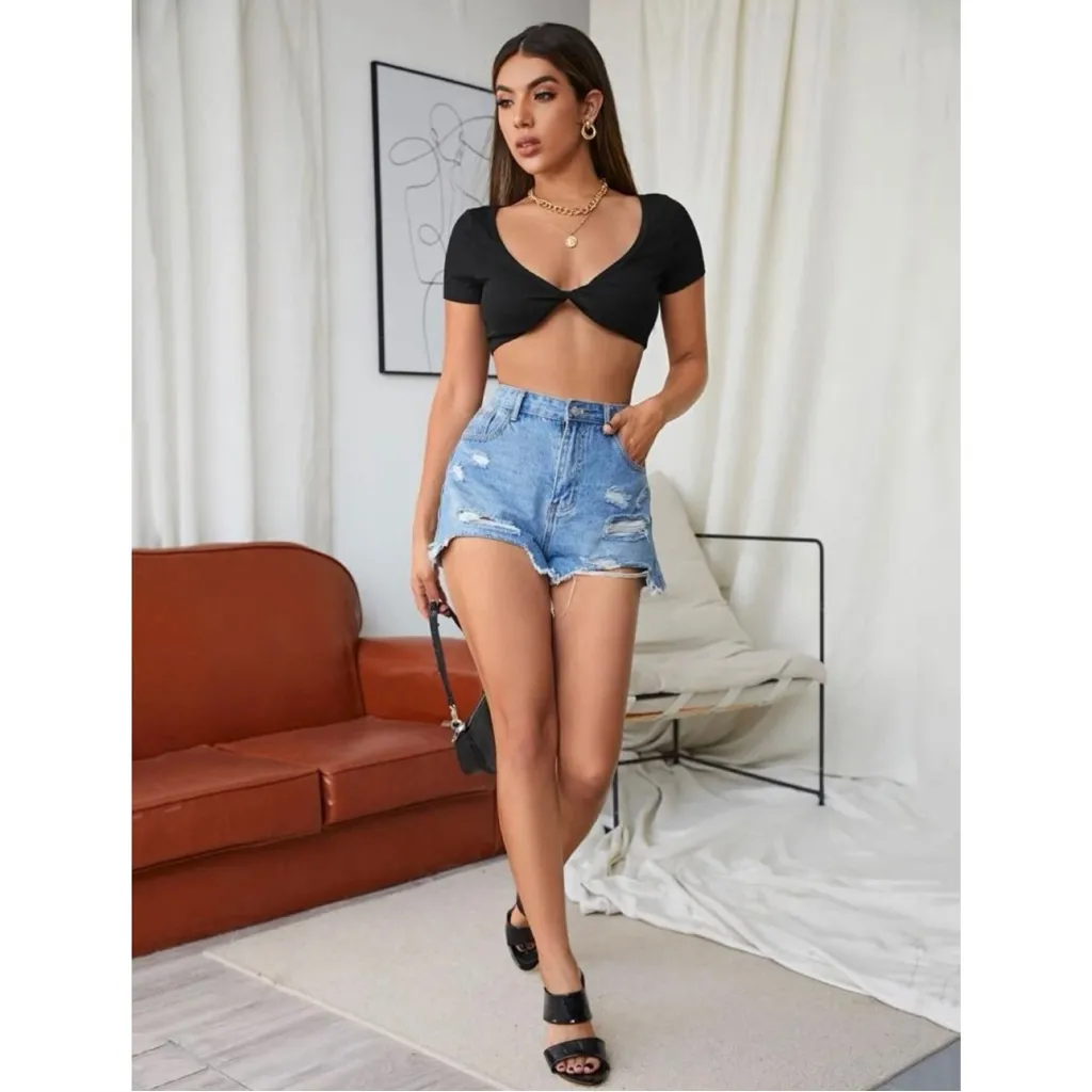 SHEIN SXY Twist Front Rib-Knit Crop Top, Black, Size S, NWOT - Image 4