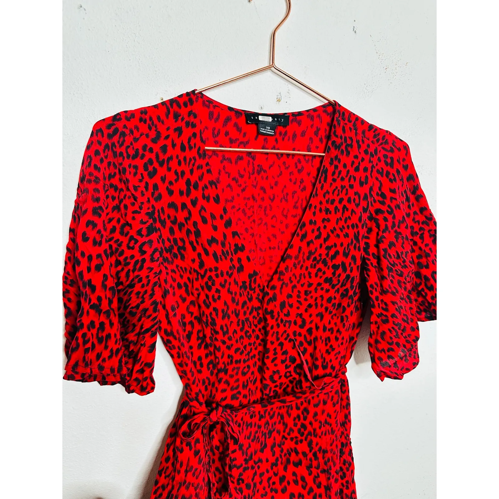 SANCTUARY Red Black Animal Print V-Neck Tie Waist Girl on Fire Wrap Dress XS - Image 11