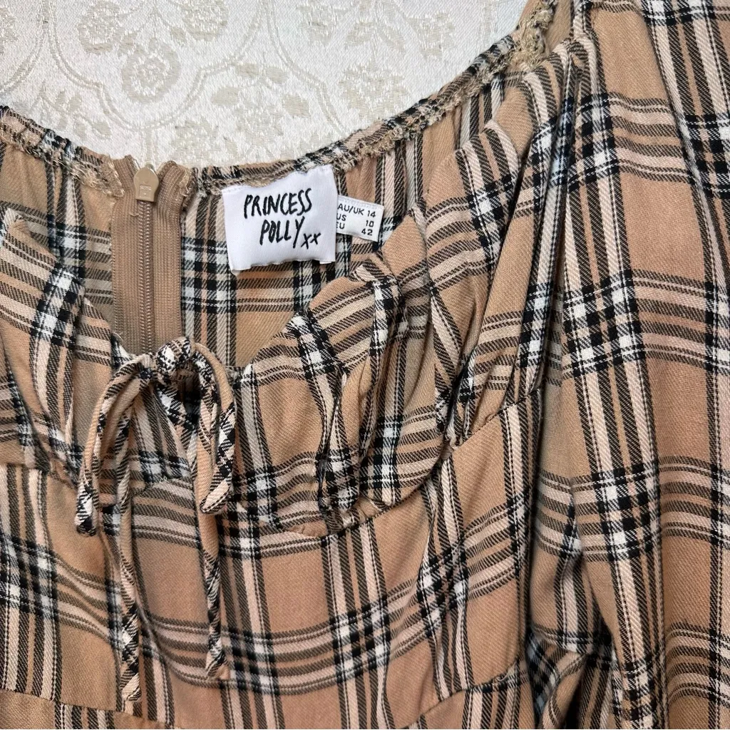 Princess Polly Olivia Romper Multi Tan Plaid Fit & Flare Long Sleeve Size US 10 - Image 8