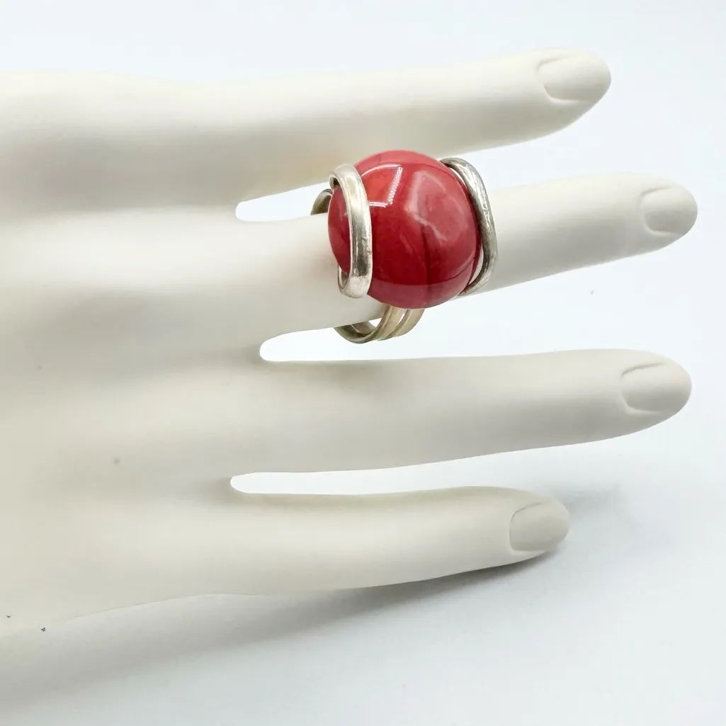 Red Coral Vintage Silver Plated Boho Ring 7 - Image 7