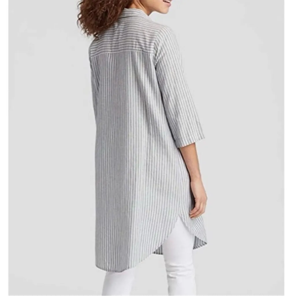 Eileen Fisher Chambray Hemp Striped
Shirt Dress Tunic Sz M blue white - Image 4