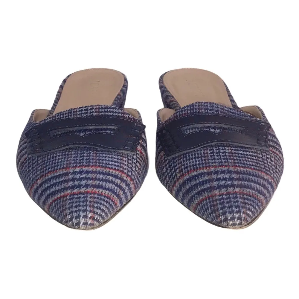 J. Crew Tweed Loafer Navy Blue Plaid Slip-On Mules Flats - Image 6