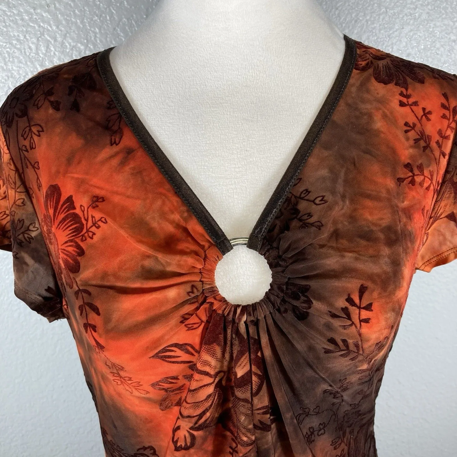 Velvet Burnout Top M Brown Orange Fairy Grunge Whimsigoth Y2K Cato Keyhole Neck - Image 5