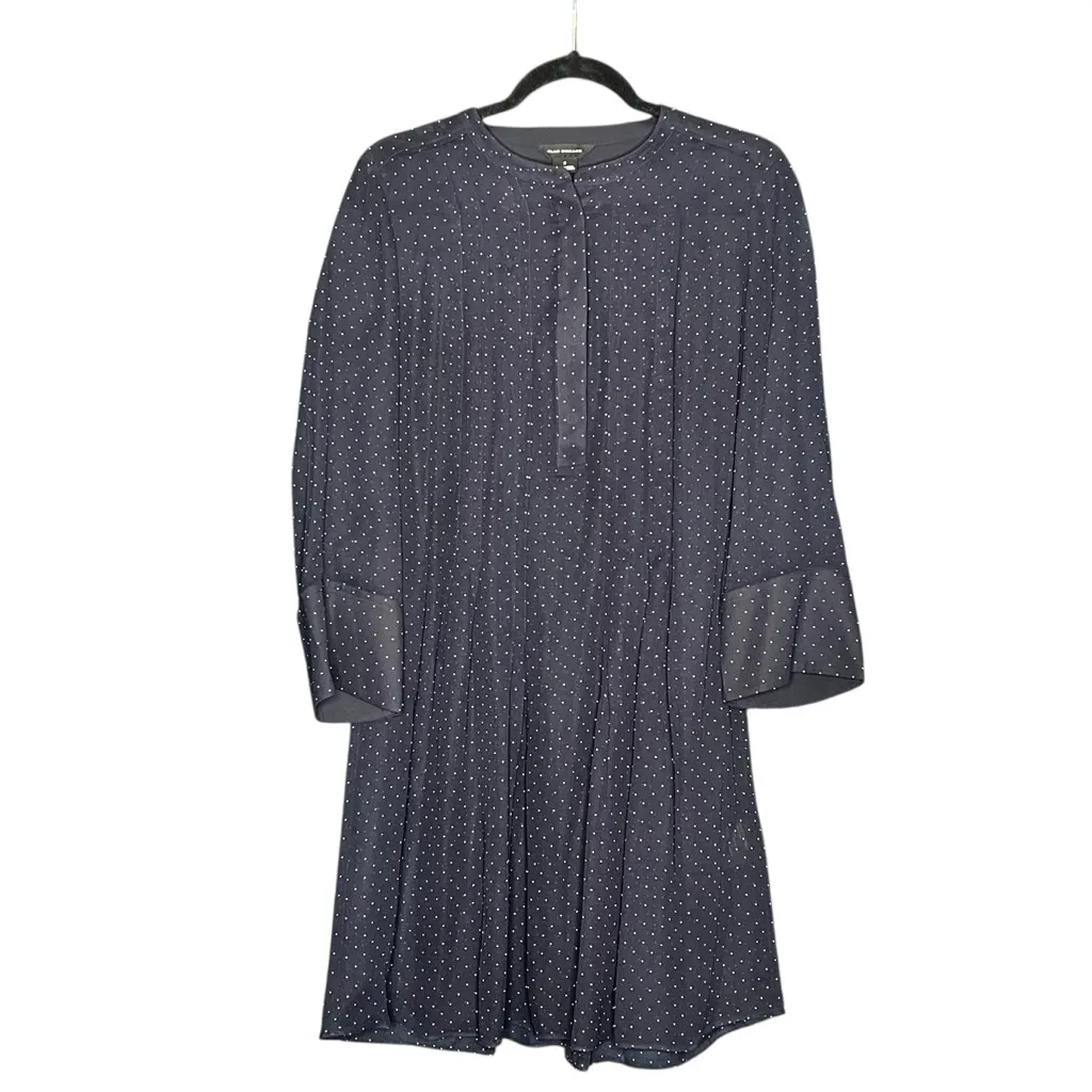 Club Monaco Pintuck Silk Dress Navy Dot Size 8 Sheer Flare Sleeve NO Slip - Image 3