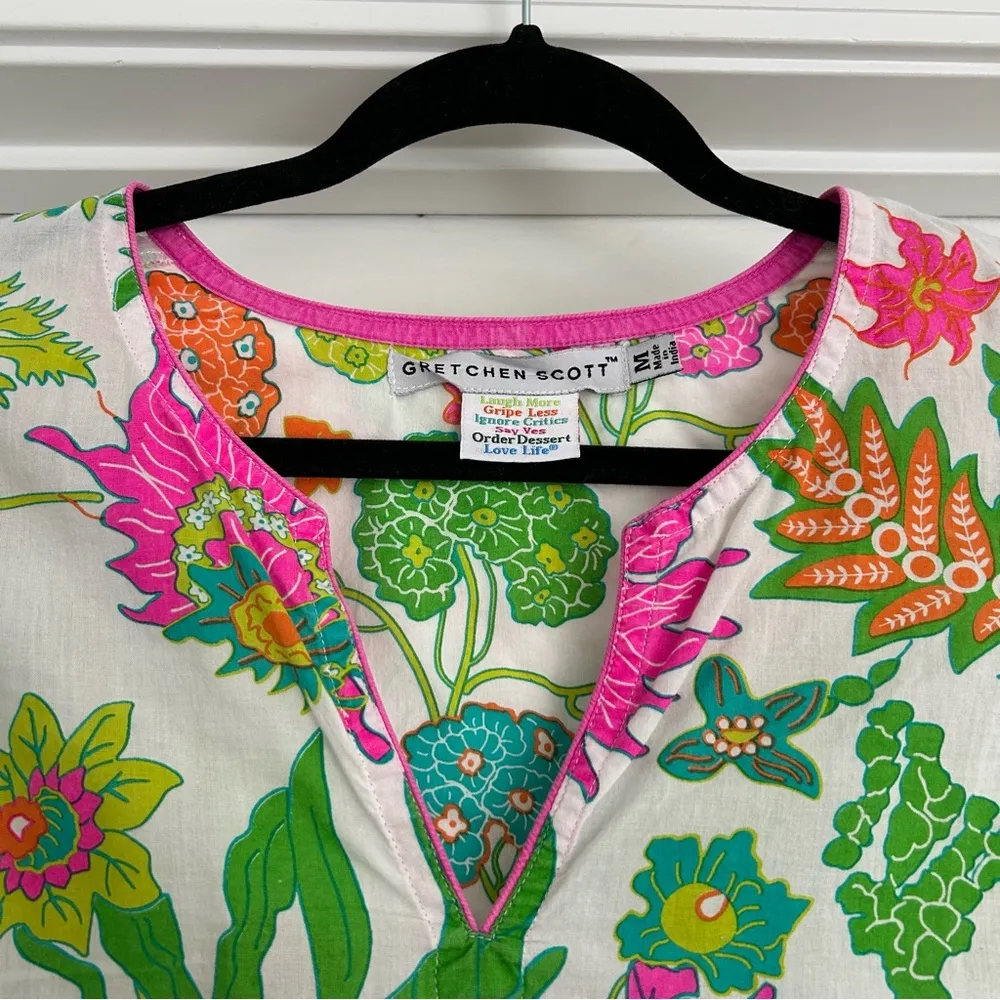 Gretchen Scott Split Neck Tunic Floral Multicolor Bright Beachy Pink Size M - Image 5