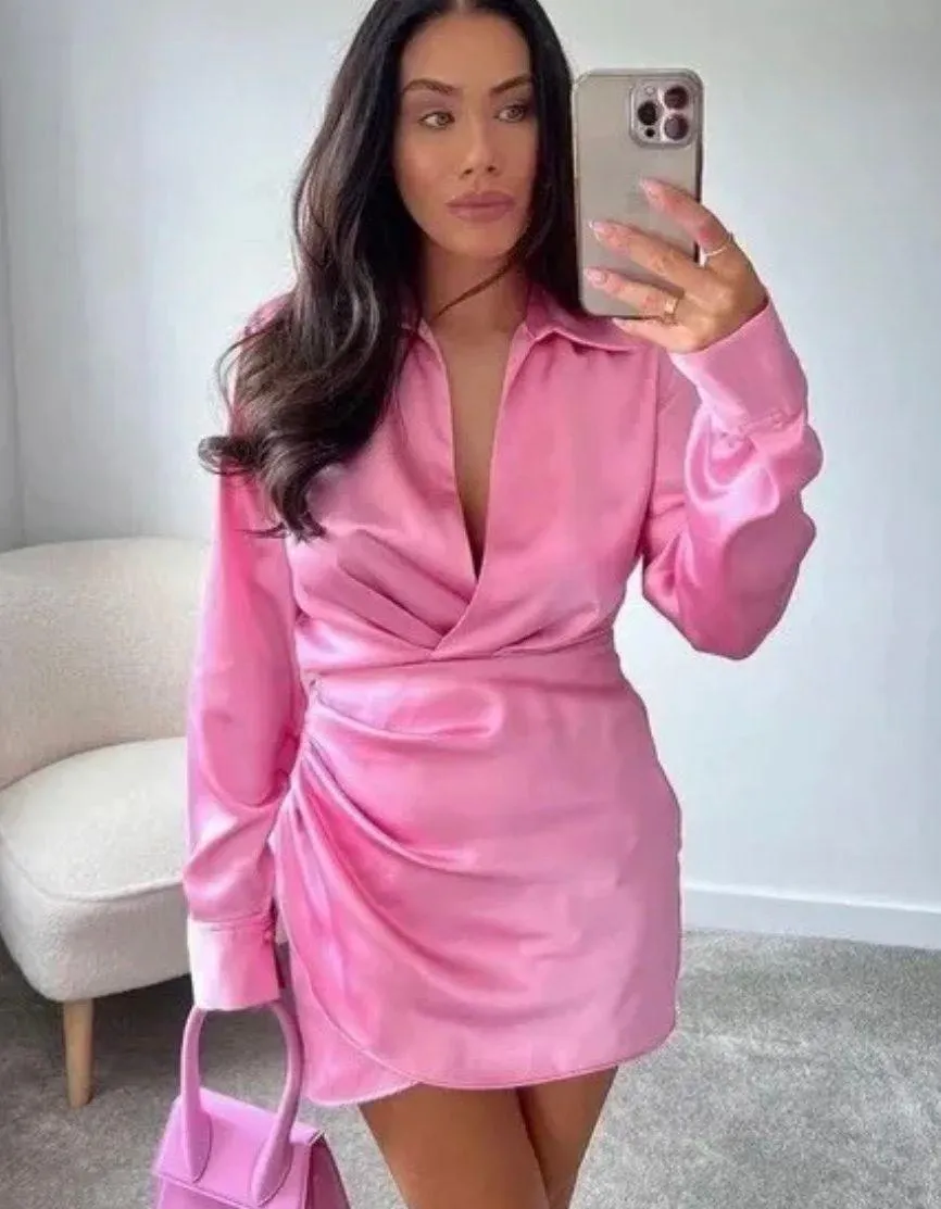 mini dress satin effect drapped long sleeve pink party wedding coctail - Image 4