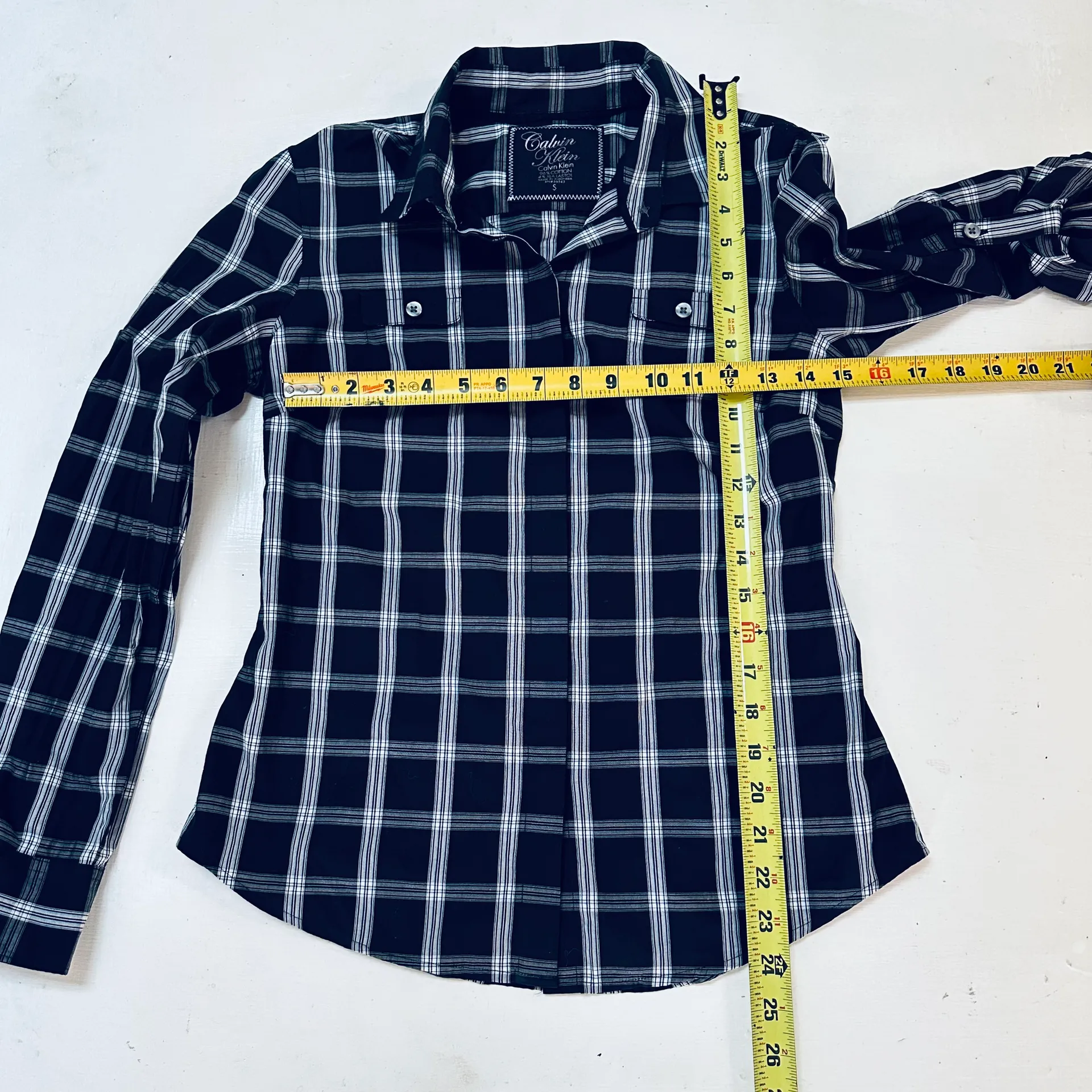 women's long sleeve button down shirt, black check, adjustable sleeves, size S - Image 8