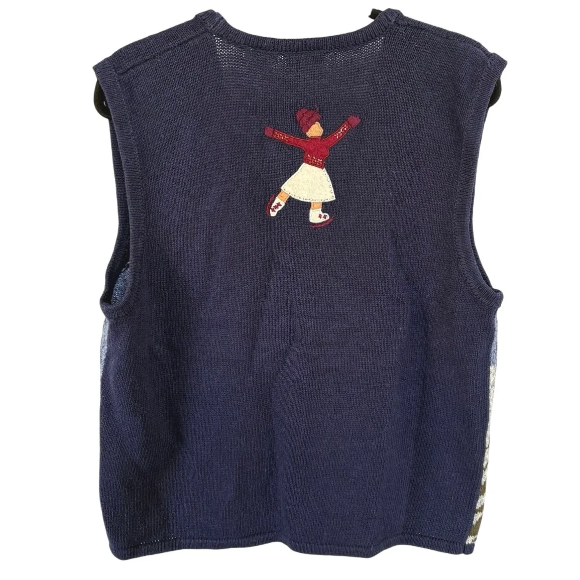 Vintage Grandma Knit Sweater Vest Christmas Ice Skating Cabin Winter Holiday XL Blue - Image 3