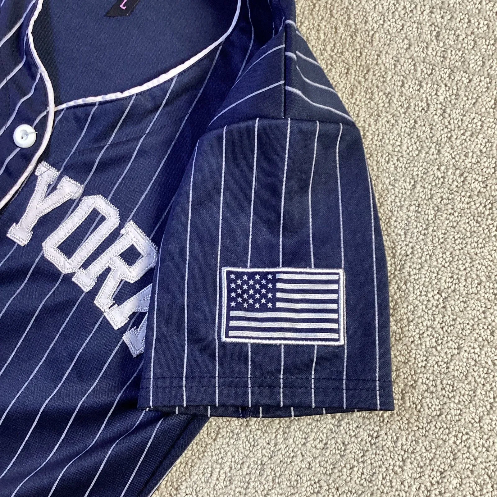 New‎ York Pinstripe Baseball Jersey American Flag Patch Button Up Navy Blue Size L - Image 3