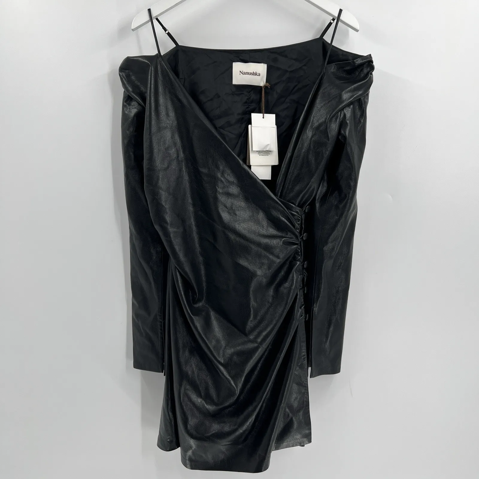 Nanushka Moha Black Faux Leather Long Sleeve Off Shoulder Mini Dress Large NWT - Image 3