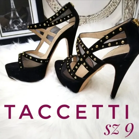 Taccetti ‘Margot’ Studded black Suede Mesh Platform  heels sz 39=8.5/9 - Image 2