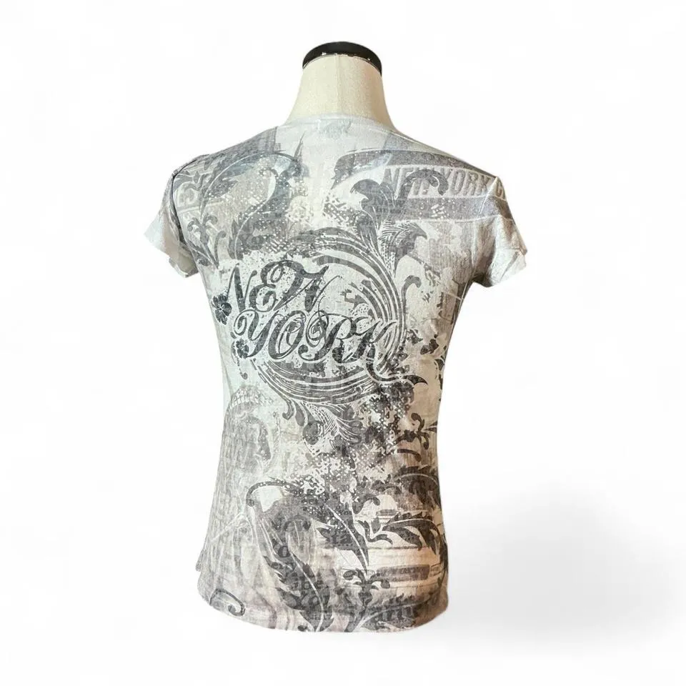 Y2K Jay Joshua New York Graphic Print T Shirt White Black Rhinestone Embellished Size L - Image 2