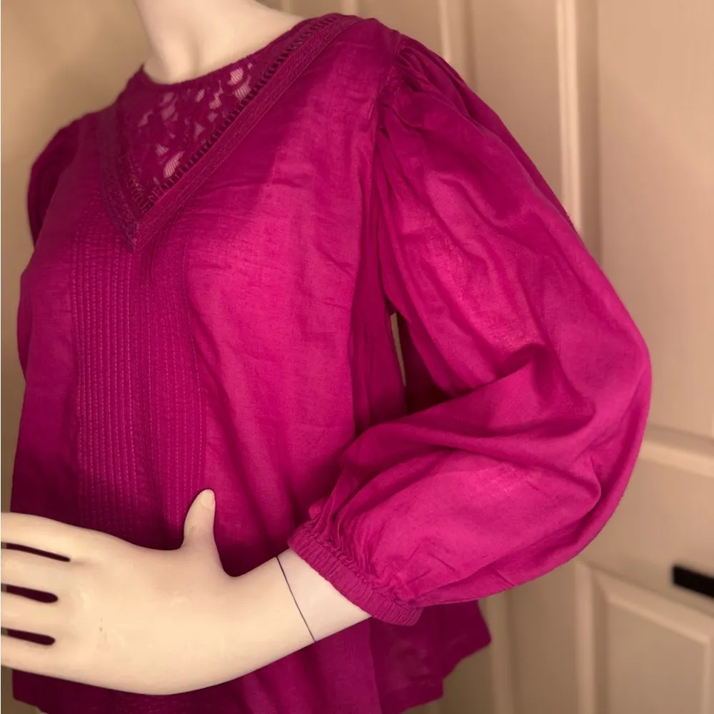 Farm Rio Fuchsia Pink Smocked Puff Sleeve Blouse with Bib Collar - Image 5