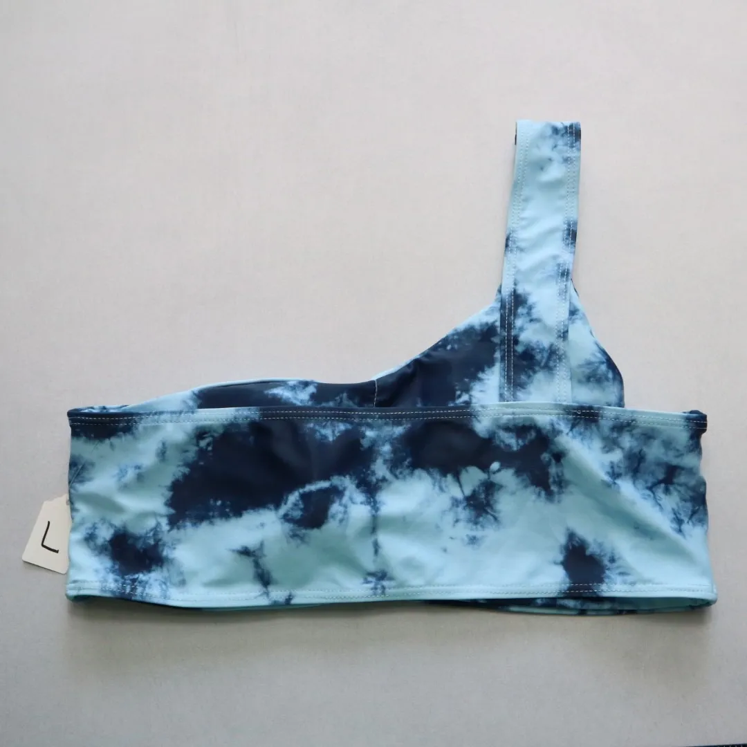 Blue Tie Dye One‎ Shoulder Swim Sports Bra Hippie Bralette Bikini Top L Large - Image 2