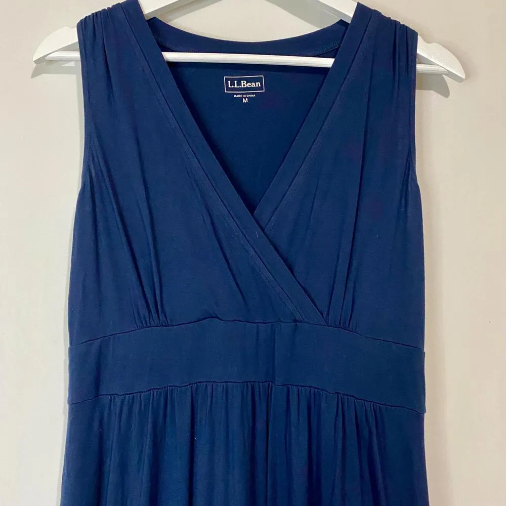 L.L. Bean Women’s Sleeveless Plunge Neck Midi Dress Navy Blue Size Medium EUC - Image 2