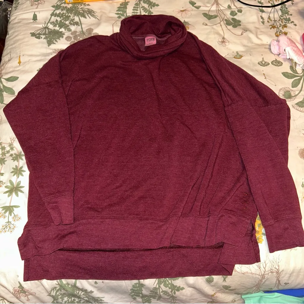 Victorias Secret PINK Turtleneck Oversized Tunic Sweatshirt Burgundy Maroon - Image 2