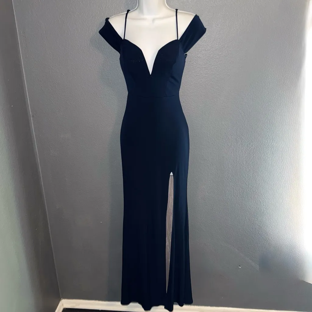 City Studio Navy Blue Off The shoulder Deep V Formal Gown Dress XS - Image 4