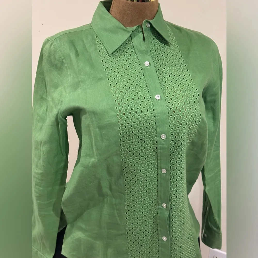 Talbots Green. Button Down Collar Long Sleeves. Pearl Buttons Sz XS 100% Linen. - Image 6