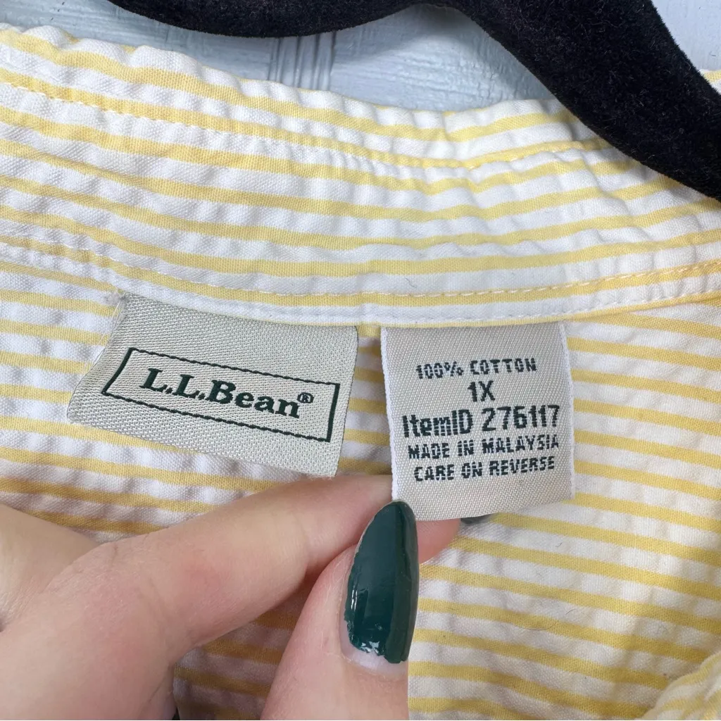L.L. Bean Seersucker Yellow White Striped Button Up Collared Top 3/4 Sleeves 1X - Image 4