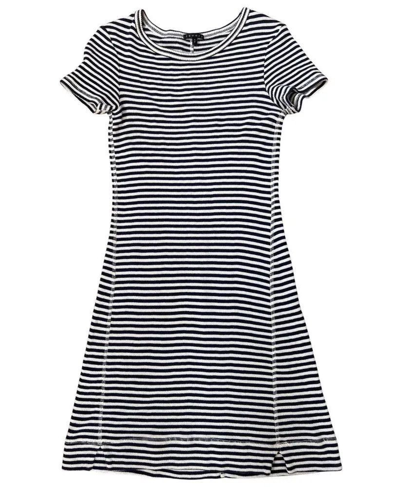 Theory Onissa Striped 100% Cotton Ribbed Mini Dress Small Navy White Coastal EUC - Image 2