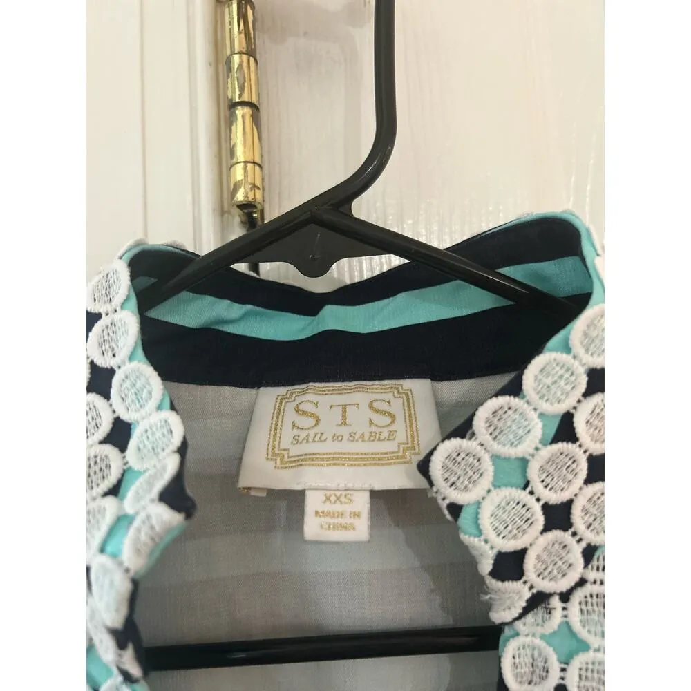 Sail to Sable Navy & Teal Stripe White Eyelet Trim Shift Dress - Image 2