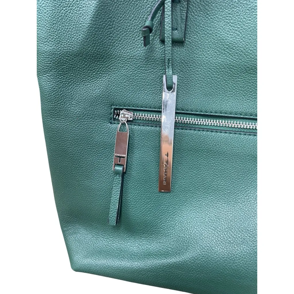 Tahari Womans Green Pebbled Leather Tote HandBag Silver Charm SKU 9355 - Image 3