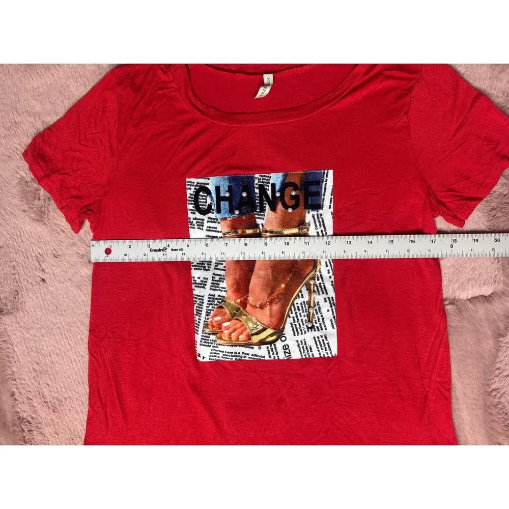 PINK BERRY Y2K Red Baby Tee Gold Heels “CHANGE” Graphic Women’s Small - Image 4