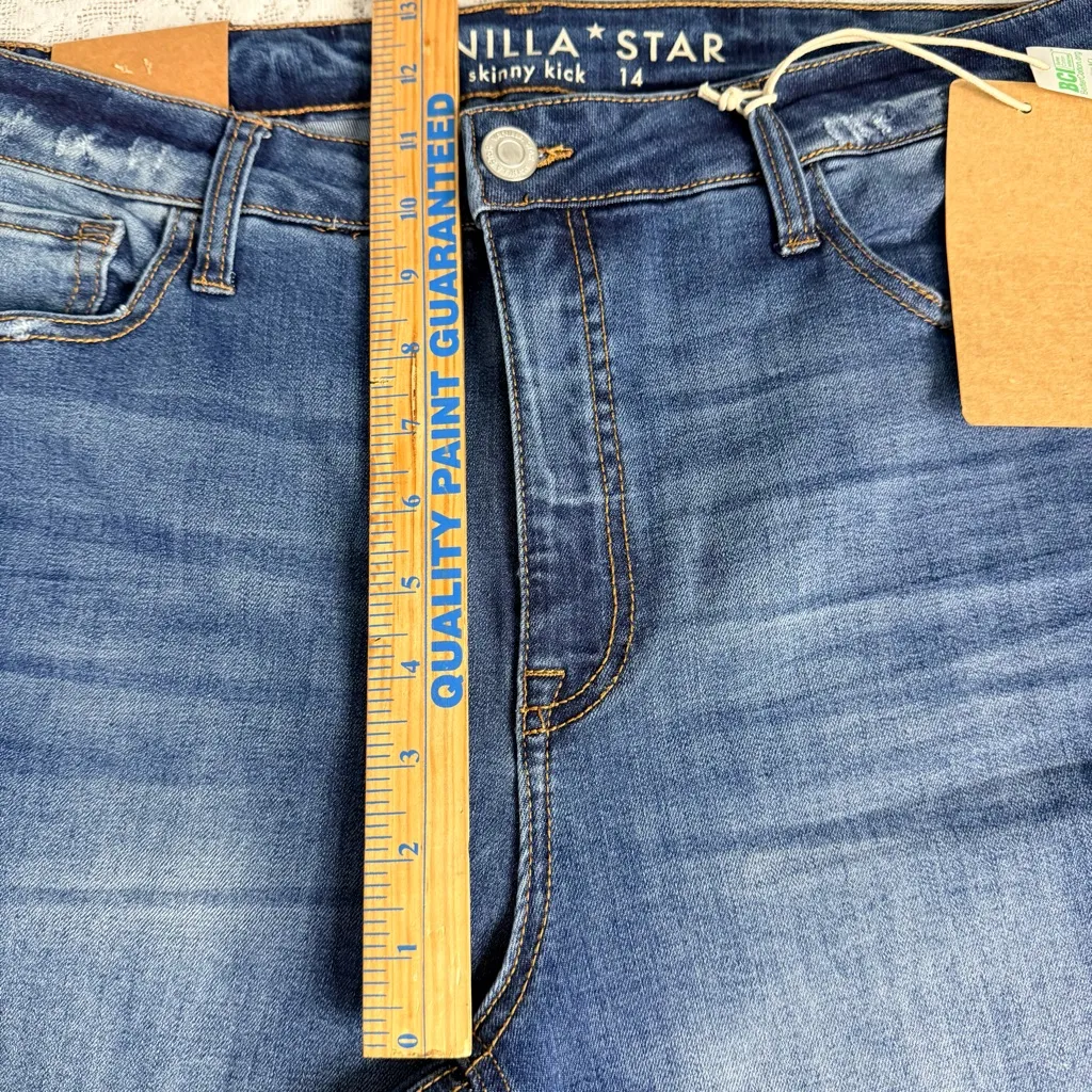 Vanilla Star Women's Dark Blue High Rise Skinny Kick Distressed Jeans Size 14 - Image 10