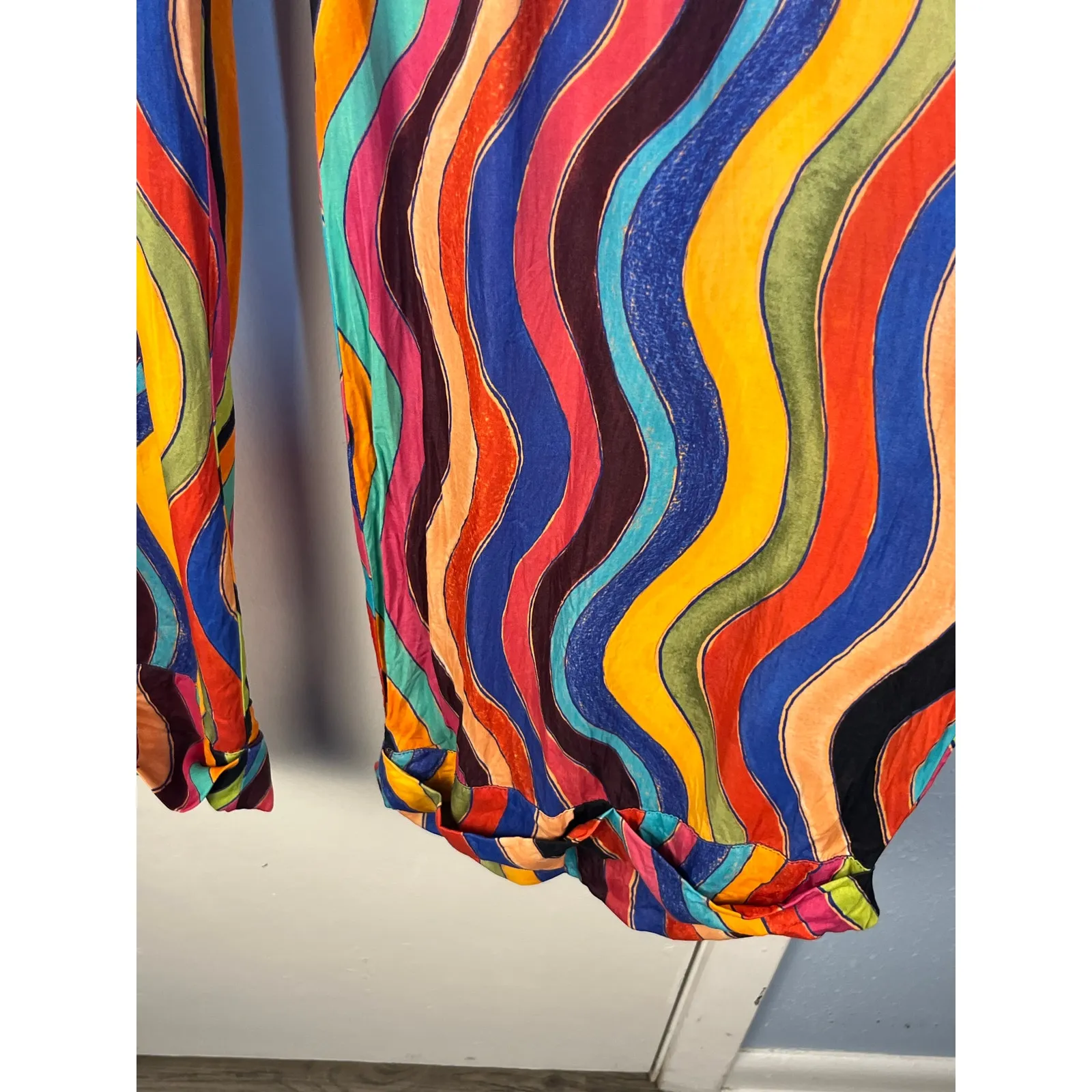 Farm Rio x Anthropologie Pants Large High Rise Striped Rainbow Wide Leg Red - Image 6