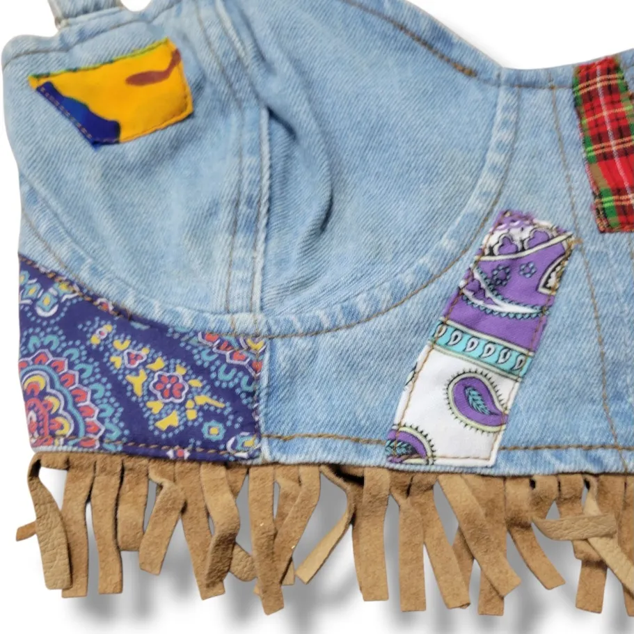 Vintage Dakota Blue Top Size Small Womens Vintage Top Denim Top Patchwork Fringe Trim - Image 3