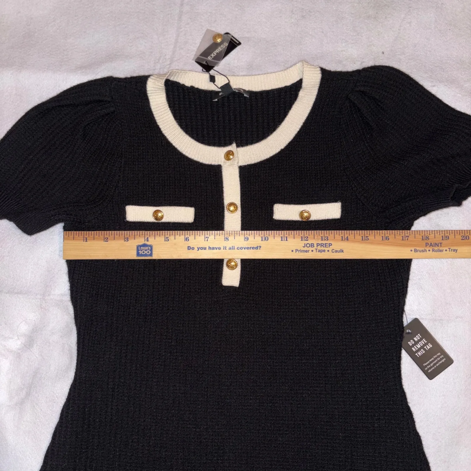 Express Black Knit Puff Sleeve ribbed sweater Dress‎ Gold Button Trim - Image 7