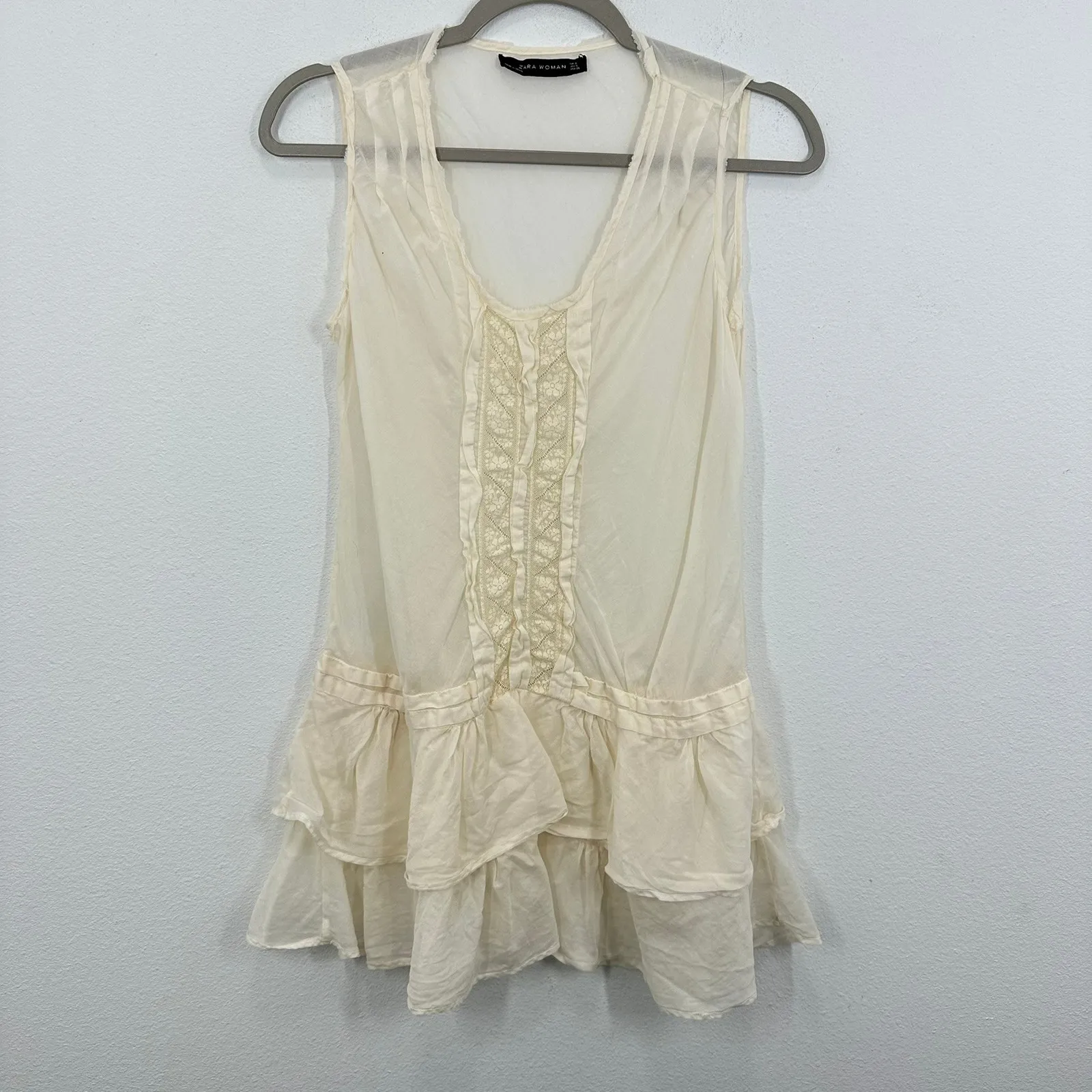 Zara Woman Cream Ruffle Sleeveless Sheer Tunic Dress Lace‎ Trim Bohemian Peasant - Image 6