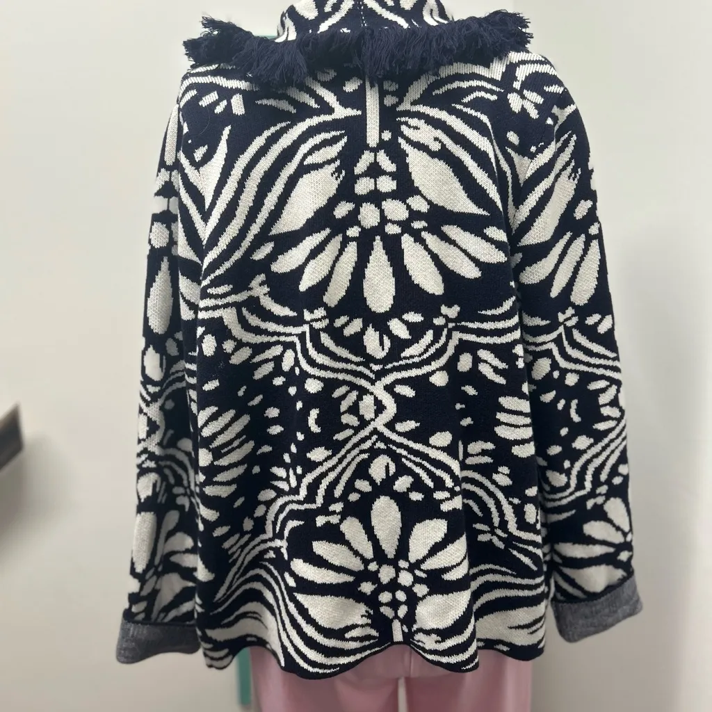 Boden Navy and White Fringed Jacquard Open Topper Cardigan Size 14 - Image 3