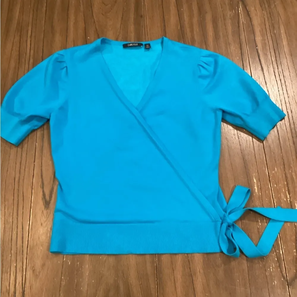 CARLISLE blue turquoise knit faux wrap short sleeve top shirt small - Image 3