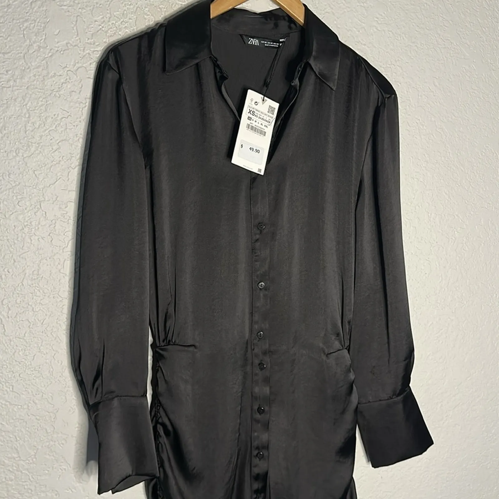 NEW Zara Draped Black Satin Effect Button Up Dress Ruched Tie Viral Date Night - Image 5