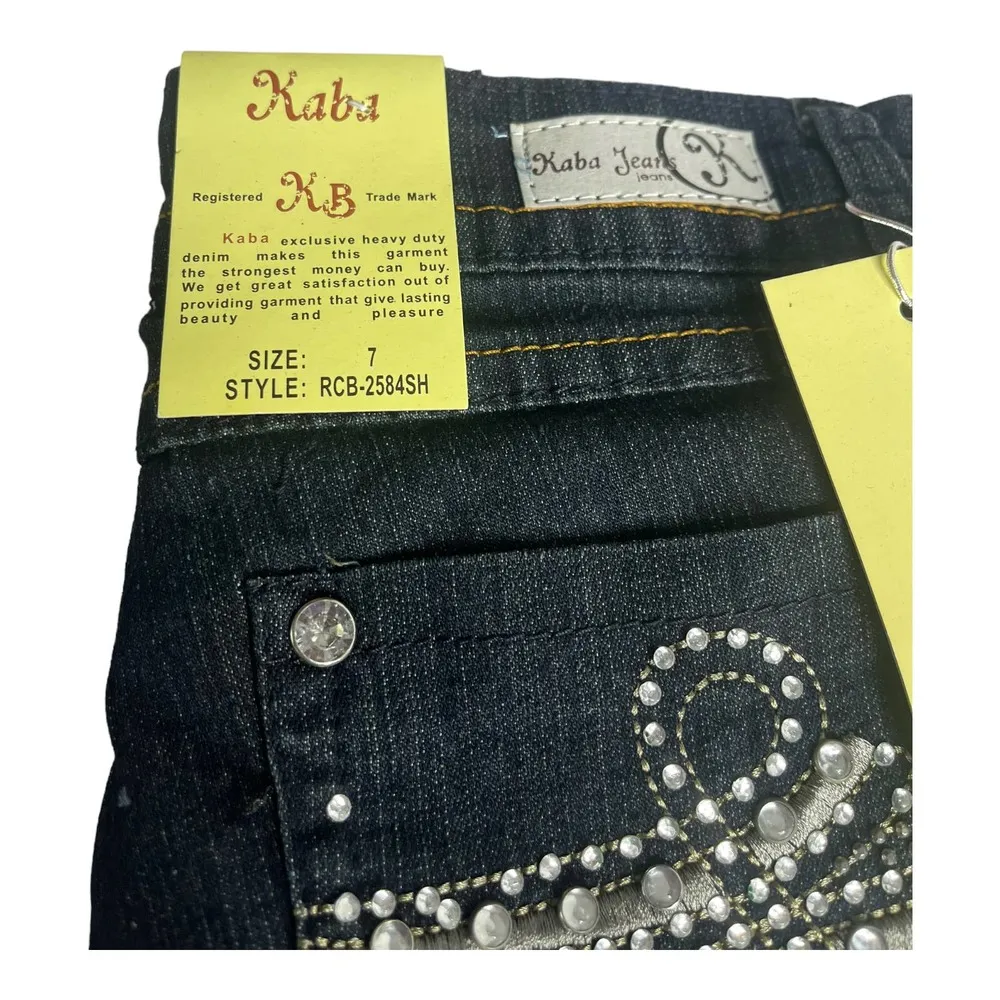 NEW Kaba JEAN SHORTS SZ 7 Dark Blue Denim Stone Stud Bedazzled Double Lasso NWT - Image 6