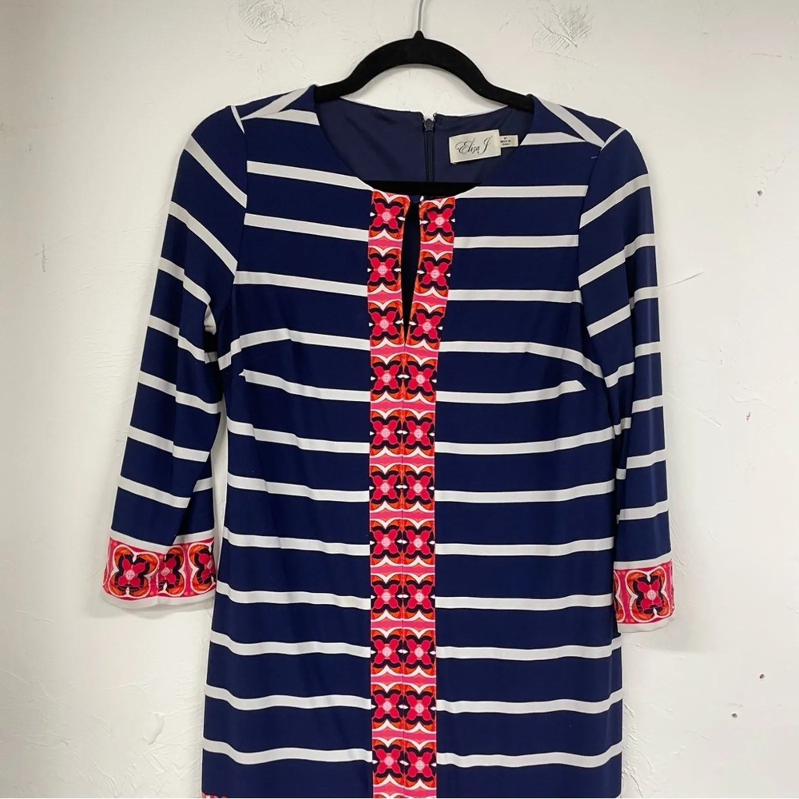 Eliza J Navy Blue Striped Floral Print 3/4 Sleeve Shift Mini Dress Womens 6 Red - Image 2