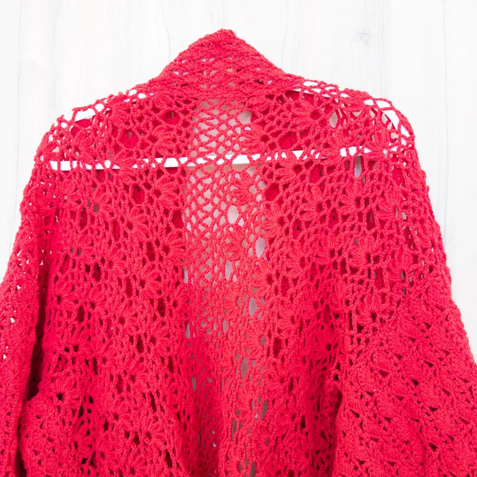 VTG Womens Crochet Cardigan Size XL Red Handmade Boho Retro Cottage Romantic - Image 5