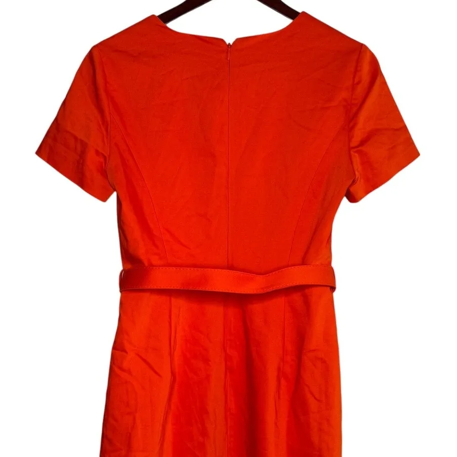 J. Crew Short Sleeve Belted V Neck Sheath Midi Dress Lined Back Zip Up 6 Orange - Image 5