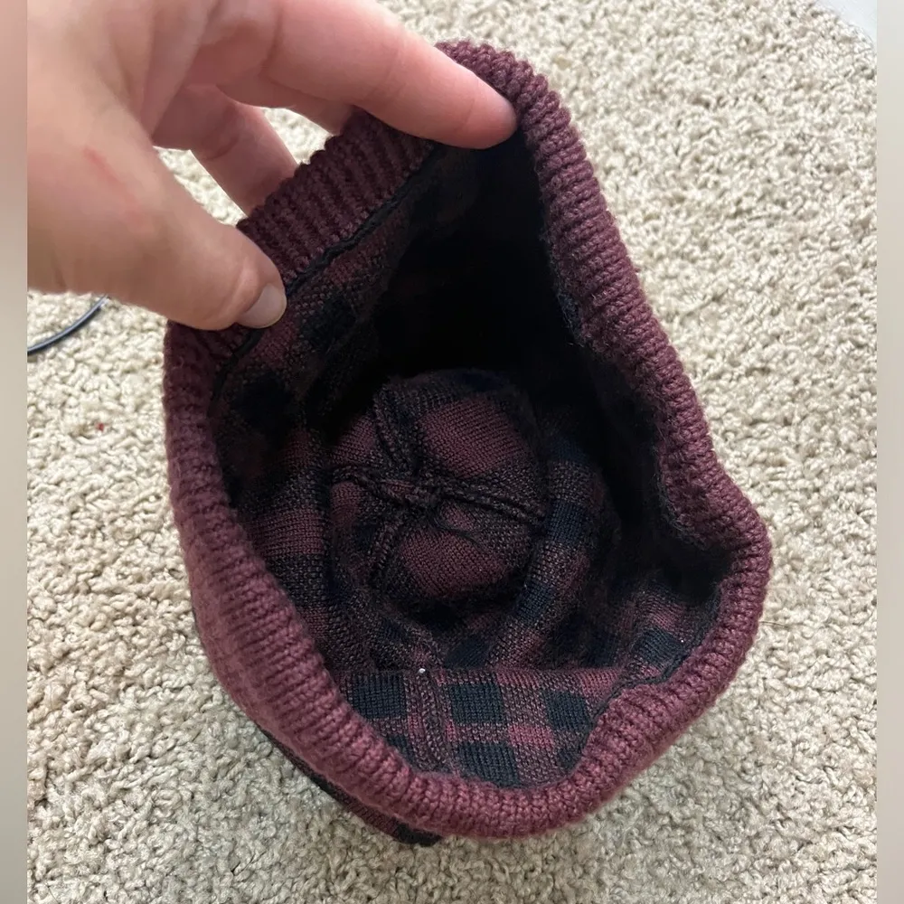 Coach Wool Blend Plaid Pom Beanie in Oxblood Burgundy Red - Image 3