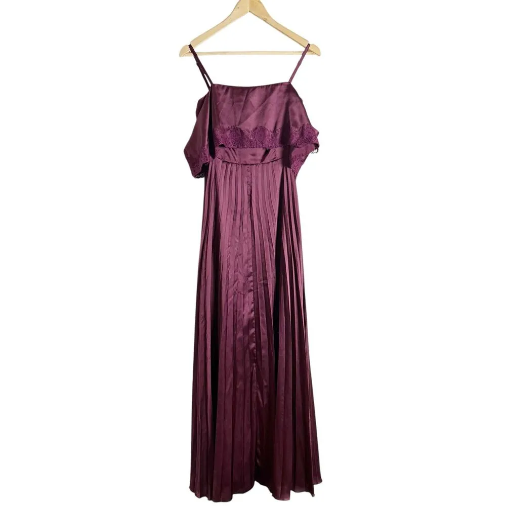 ASOS Plum Burgundy Satin Lace Trim Pleated Cold Shoulder Maxi Dress Size 4 - Image 3